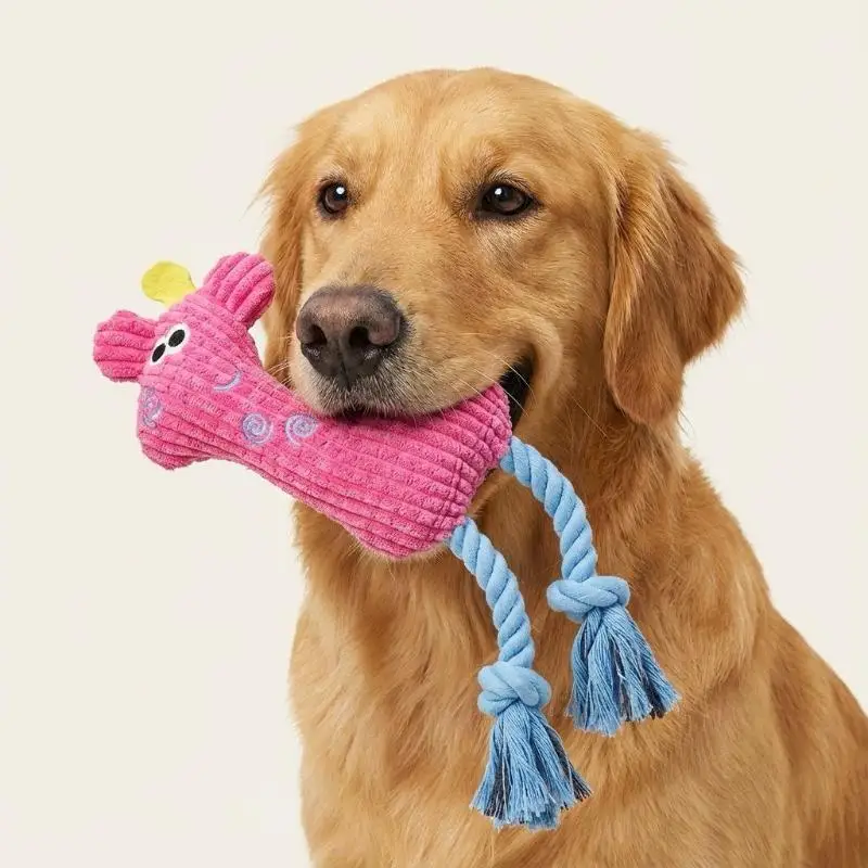 Cartoon Giraffe Plush Dog Chew Toy With Rope Tail Squeaky Stuffed Toy Corduroy Texture Anxiety Relief Interactive Tugging Toy