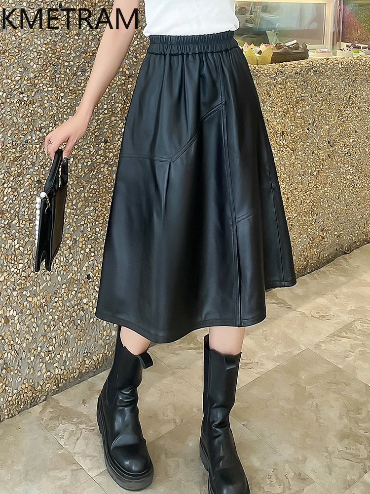 KMETRAM 100% Top Layer Sheepskin Skirts for Women Genuine Leather Mid Length Black Skirt Woman Spring Autumn Clothes 2025 юбка