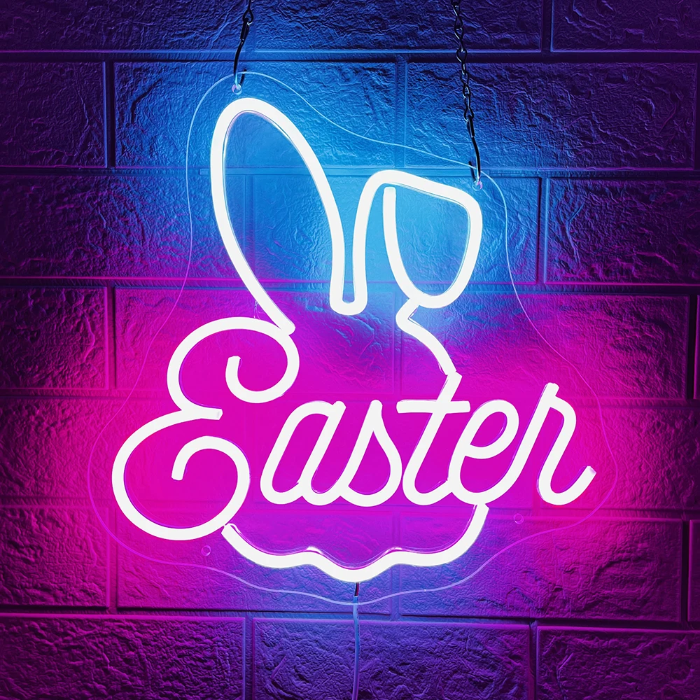 Easter Rabbit Bunny Ears LED Neon Light up Night Signs for Party Home Bedroom Table Art Gifts Spring Wall Bar Living Room Decor