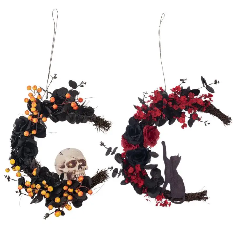 Halloween Skull Wreath Artificial Rose Skull Wreath For Door Wall Gothic Black Cat Romance Seasonal Decor With Lanyard For