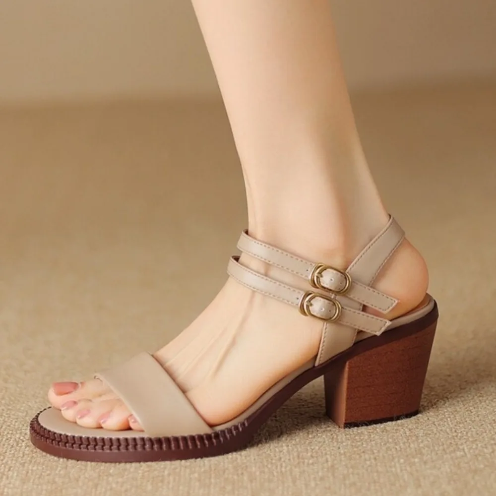 

Zapatos De Mujer Women Classic Comfort Brown Genuine Leather Peep Toe High Quality Sandal Shoes Lady Fashion Work Heeled Shoes