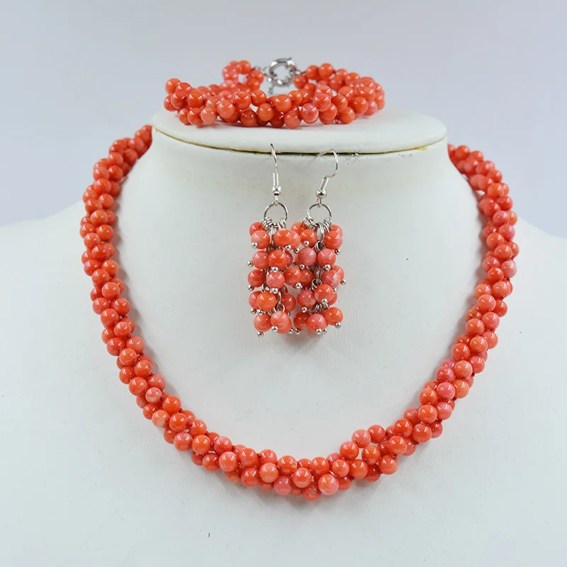 

5MM 3 strand AAA orange natural coral necklace bracelet earring set. Bridal Classic Wedding Jewelry 19 "