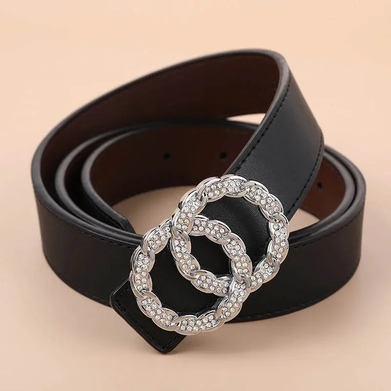 Small Genuine Leather Belt Women's Double Loop Buckle Belt Diamond Inlay Double-sided Usable Cowhide High-quality Versatile Belt