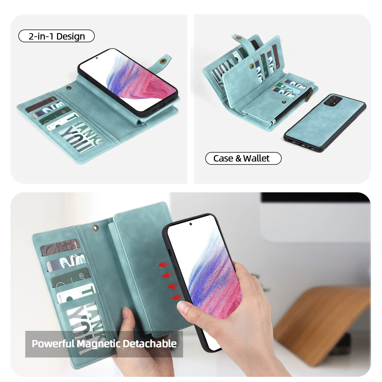 분리형 자기 가죽 케이스 삼성 갤럭시 A73 A71 A54 A53 A52 A51 A34 A33 A15 A55 A35 지퍼 지갑 카드 홀더 커버