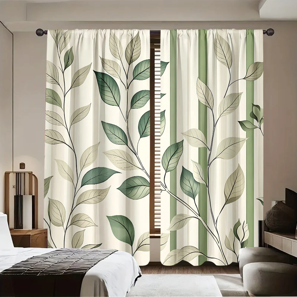 2D-Flachdruck, gestreifte Vorhänge mit grünen Blättern, Polyester, maschinenwaschbar, für Schlafzimmer, Wohnzimmer, Küche, Balkon, Wohnung, Dekoration, Vorhänge