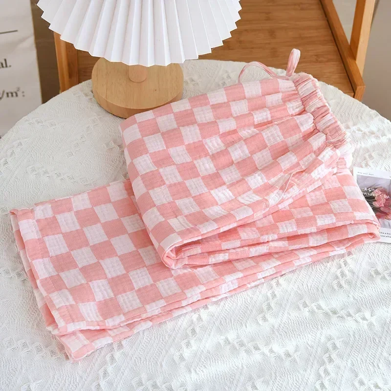 Spring New Pajamas Pants for Women Crepe 100% Cotton Loose Casual Straight Trousers Home Clothes Checkerboard Sleep Pants