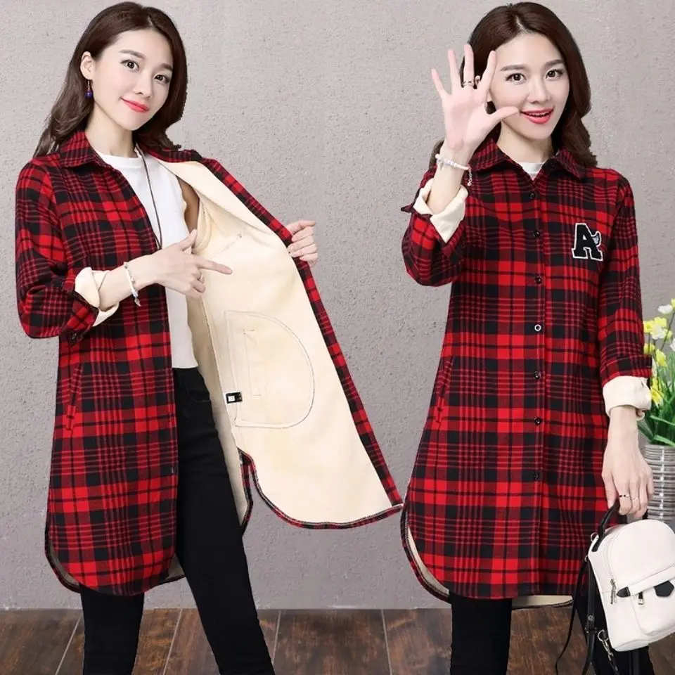 Thick Warm Printing Blouses New Long Sleeve Turn-down Collar Plaid Autumn Winter Office Lady Simplicity Casual Women\'s Clothing