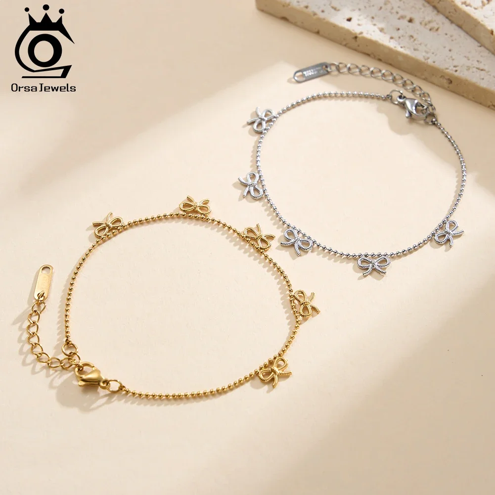

ORSA JEWELS Stainless Steel Dainty Classic Bowknot Chain Bracelets for Women Fashion Bow Beaded Bracelet Wedding Gift STKB05