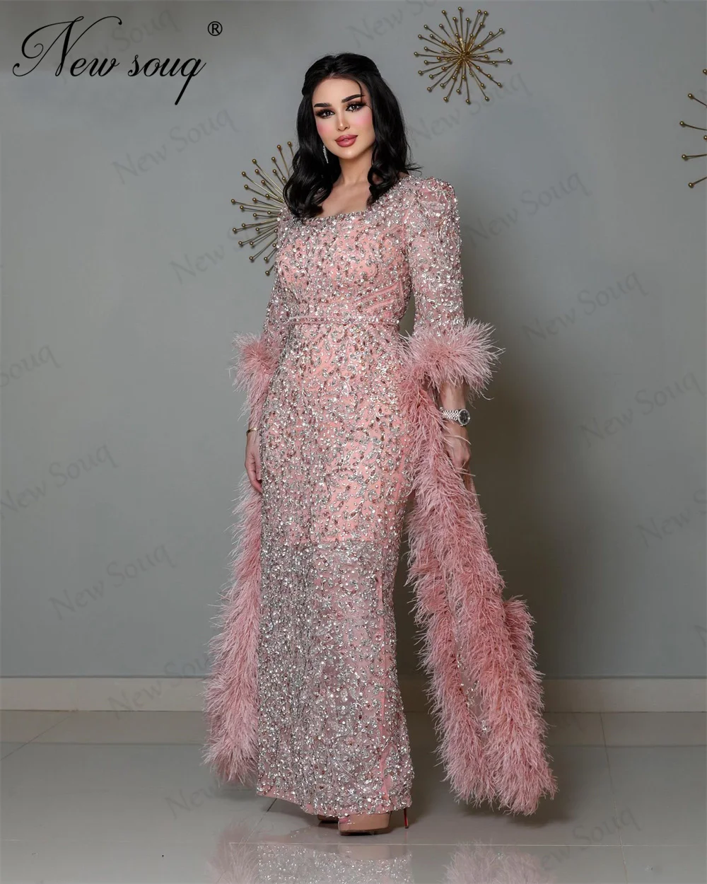

Saudi Arabia Pink Beading Evening Dresses With Floor Length Sleeves Customize Feathers Crystals Birthday Party Cermony Dress