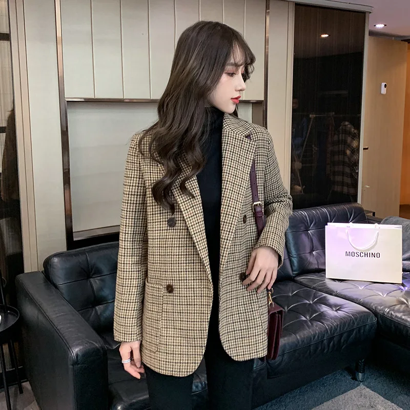 Suit women's jacket fragrant plaid woolen jacket small design sense waist temperament British style jacket tide