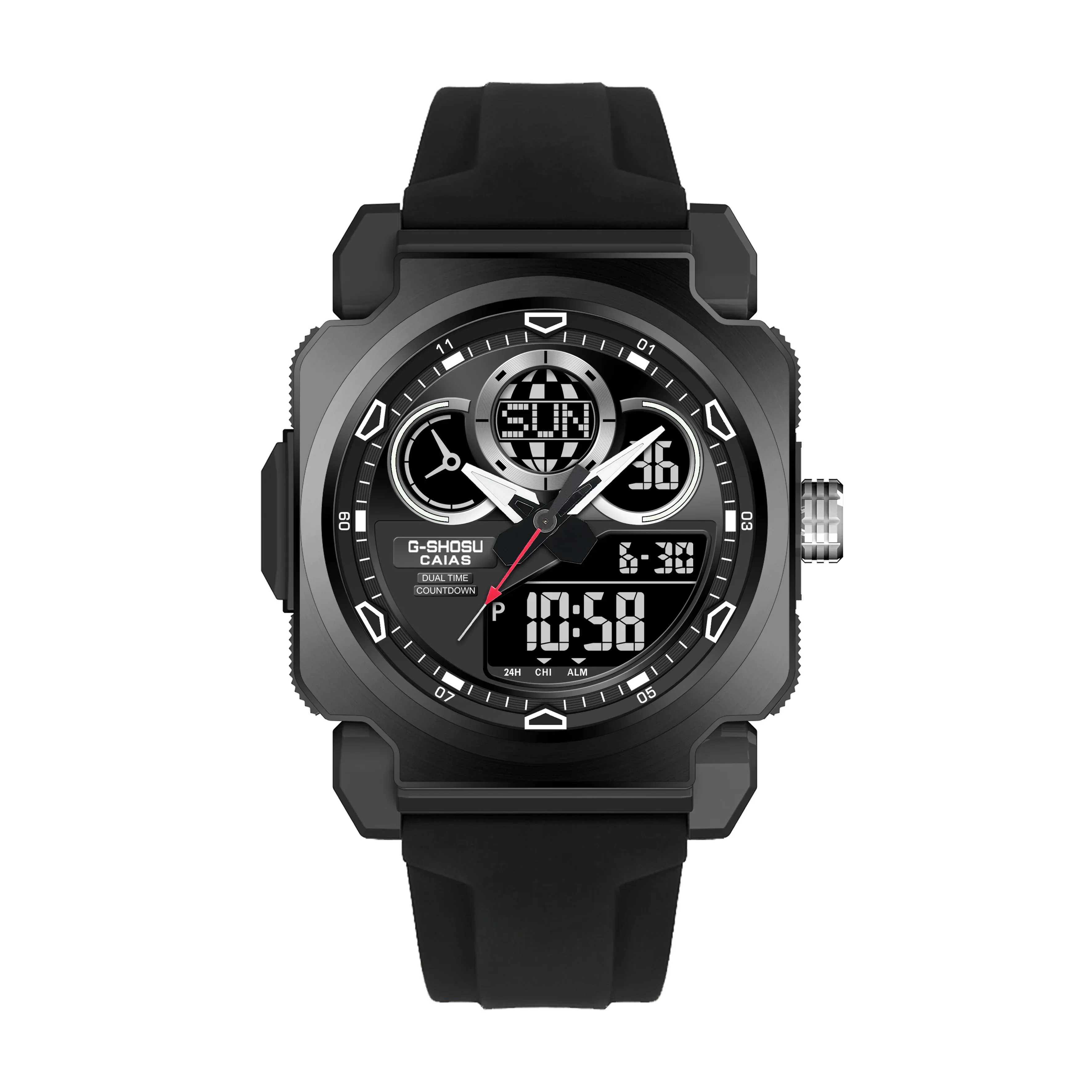 Men's Sport Electronic Digital Watch LED Dual Display World Time Full Function Alloy Square Dial Oak Series