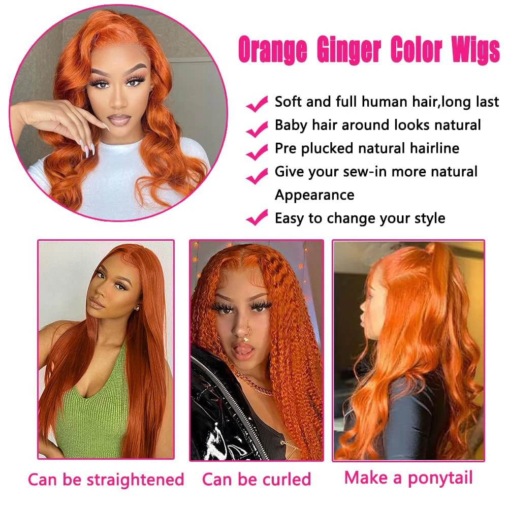 13x4 laranja gengibre colorido cabelo humano perucas dianteiras do laço onda do corpo laranja gengibre queda cor cabelo humano hd perucas frontais do laço