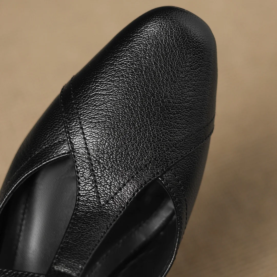 Danxuefei 2025 ใหม่ผู้หญิงSheepskinรอบToe T-Strap Slip-Onปั๊มหนา 3 ซม.ส้นสบายๆหญิงทุกวันรองเท้าสําหรับสตรีขาย