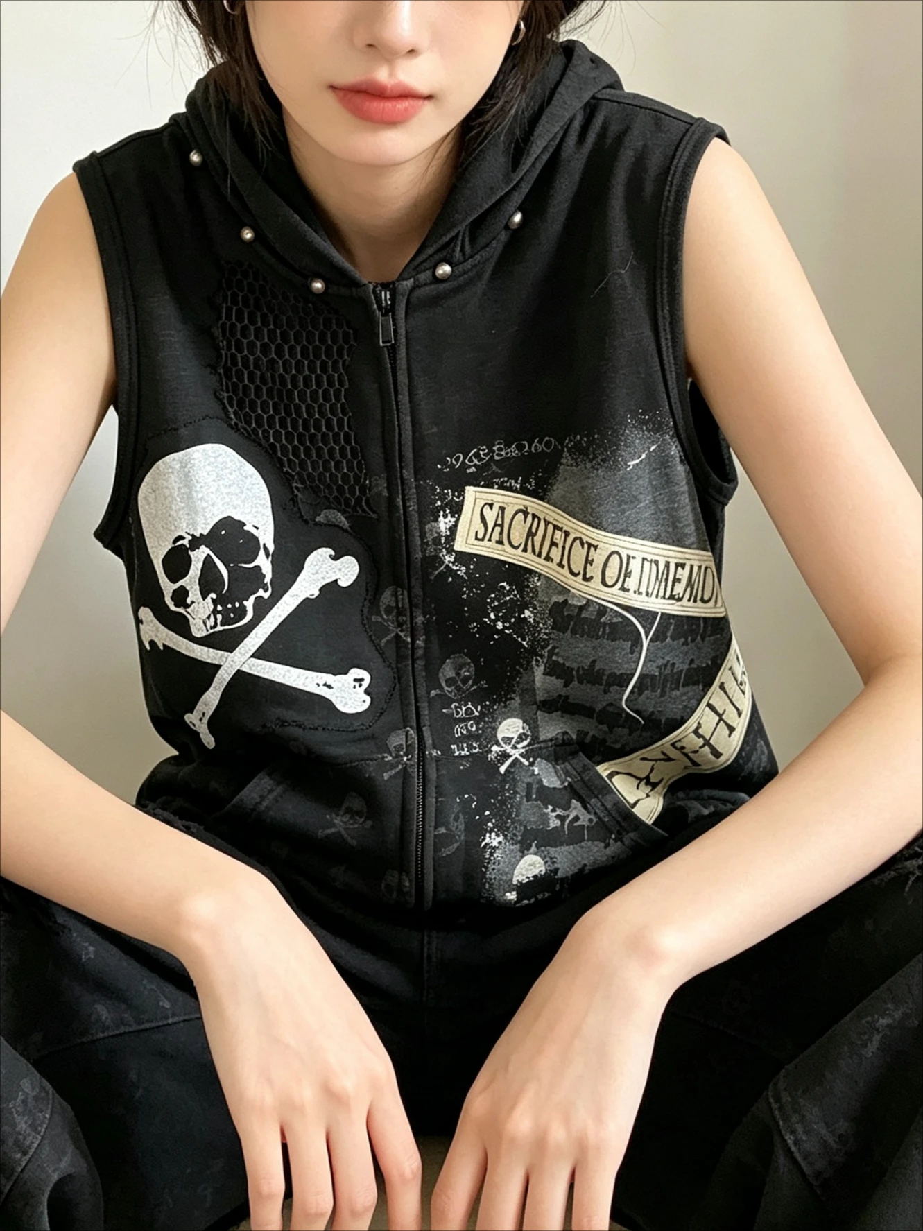 Vintage Distressed Zip Up Hooded Sleeveless Vest Skull Graphic Print Rivet Patch Ripped Edge Alt Emo Punk Rock Street Outer Vest
