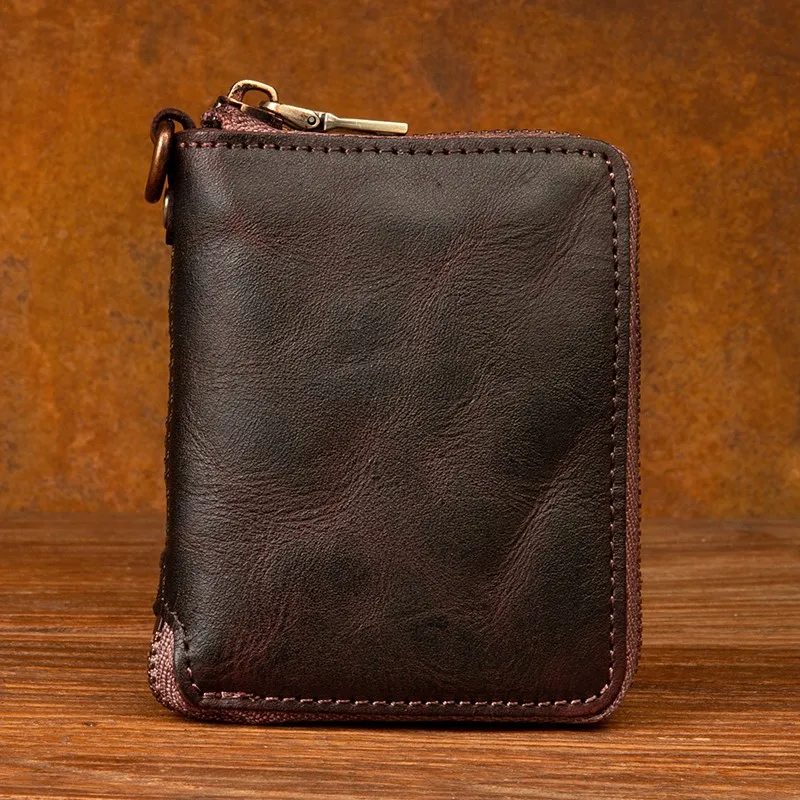 The first layer of leather zippers for men and women short wallet leather hand-painted retro wallet card vertical.