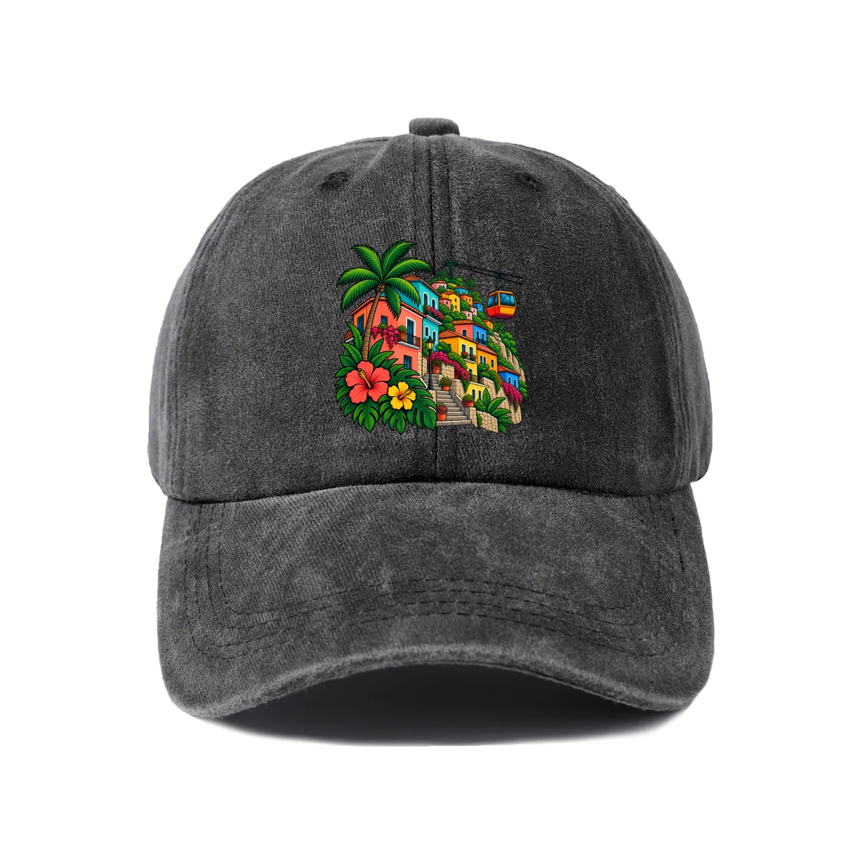 Tropical Flower Cluster Graphic Vintage Washed Baseball Cap, Adjustable Unisex Dad Hat, Weekend Gift