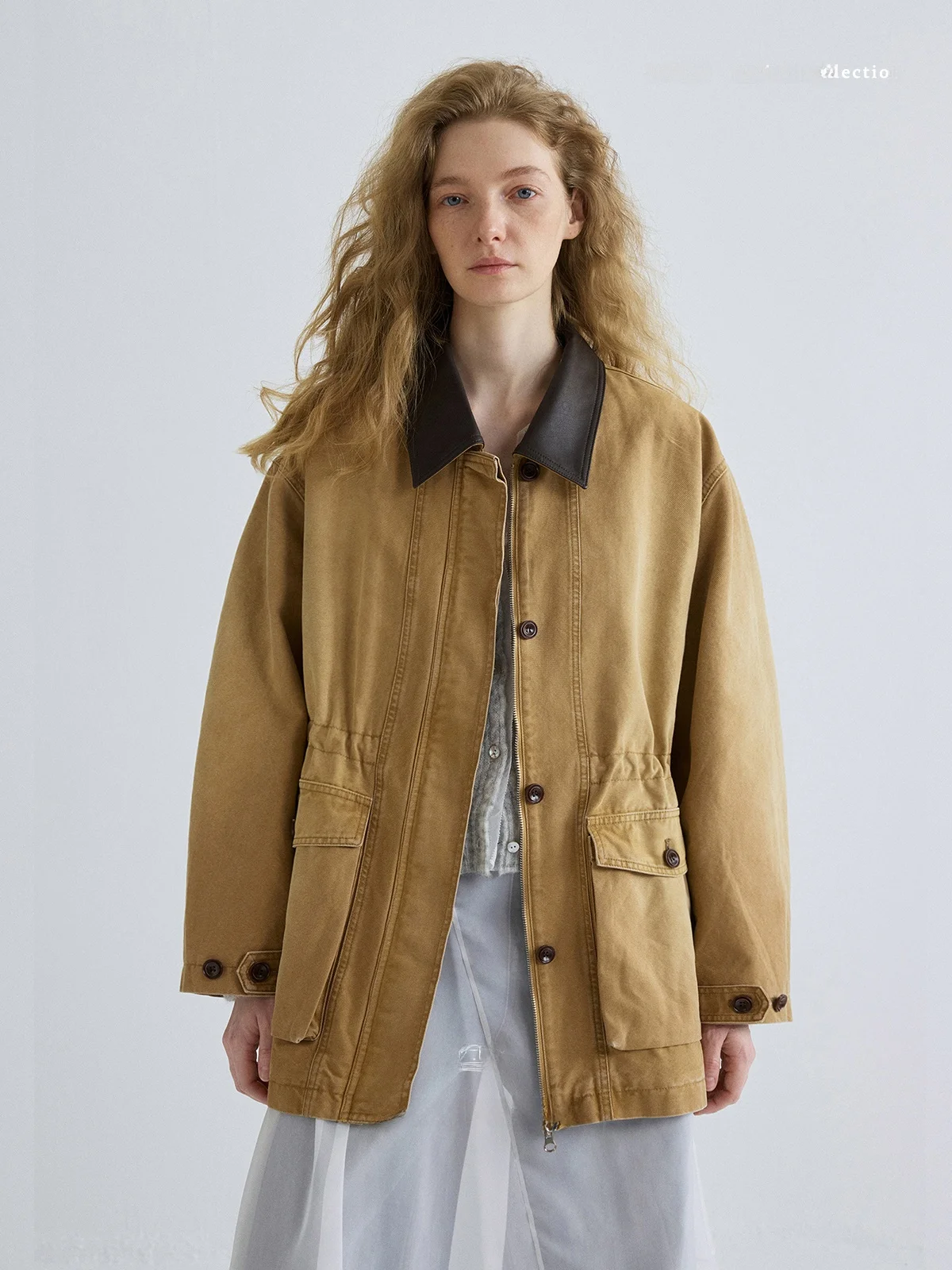 

Женская хлопковая рабочая куртка Nice People 2026SS, утепленная, с эффектом энзимной стирки, с кожаными вставками, на молнии, с длинными рукавами