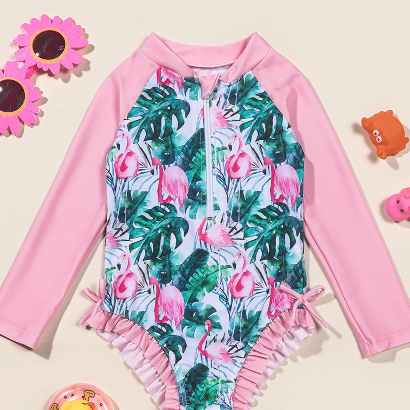 

Kids Girls Swim Leotard One Piece Swimsuit Rashguard Leaf and Bird Printed Romper Swimwear Bowknot Ruffled Hem Zipper Bodysuit