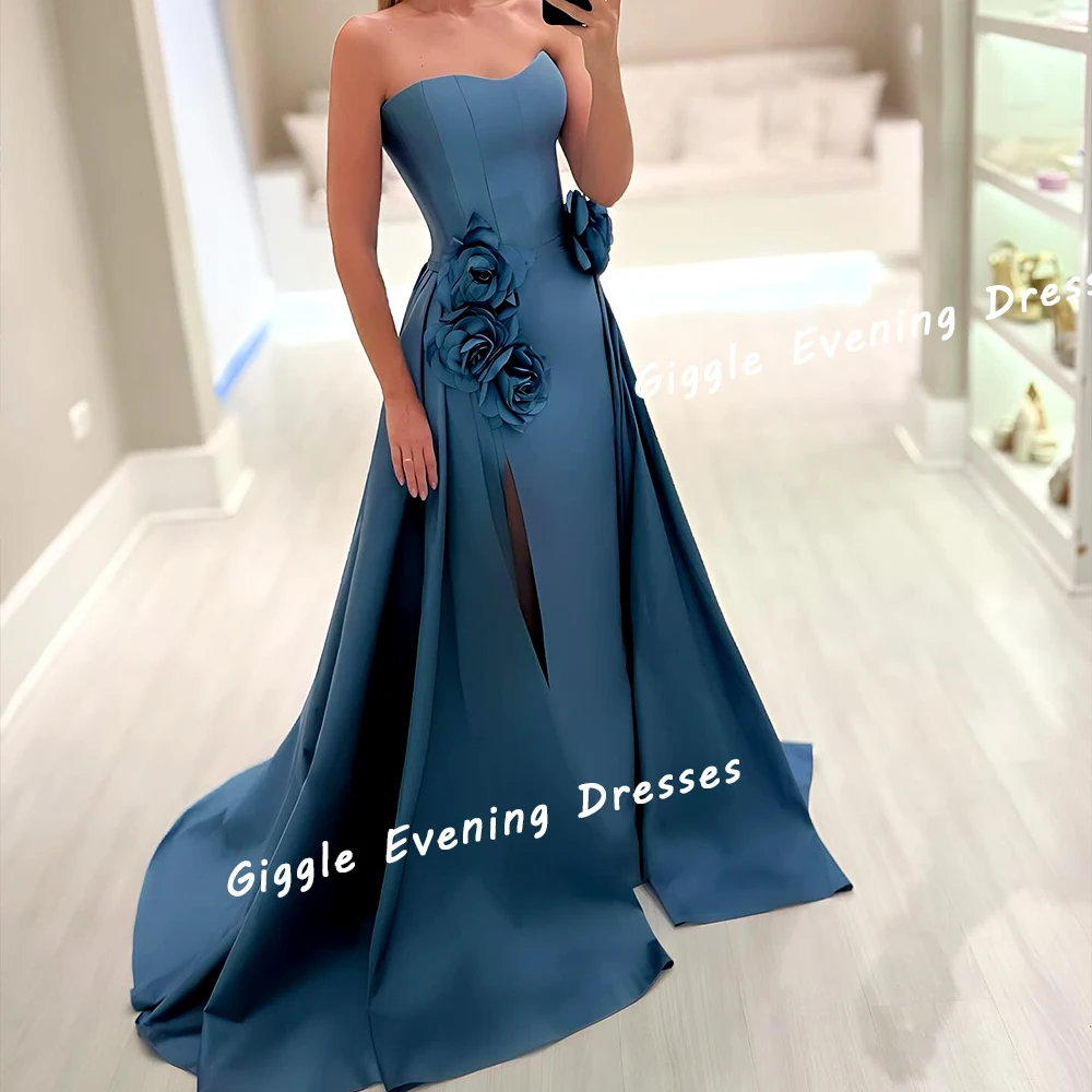 Giggle Satin Strapless Flowers A-Line Customized  Prom Gown Saudi Arab Summer Floor-Length Evening Party Dresses for Women 2024