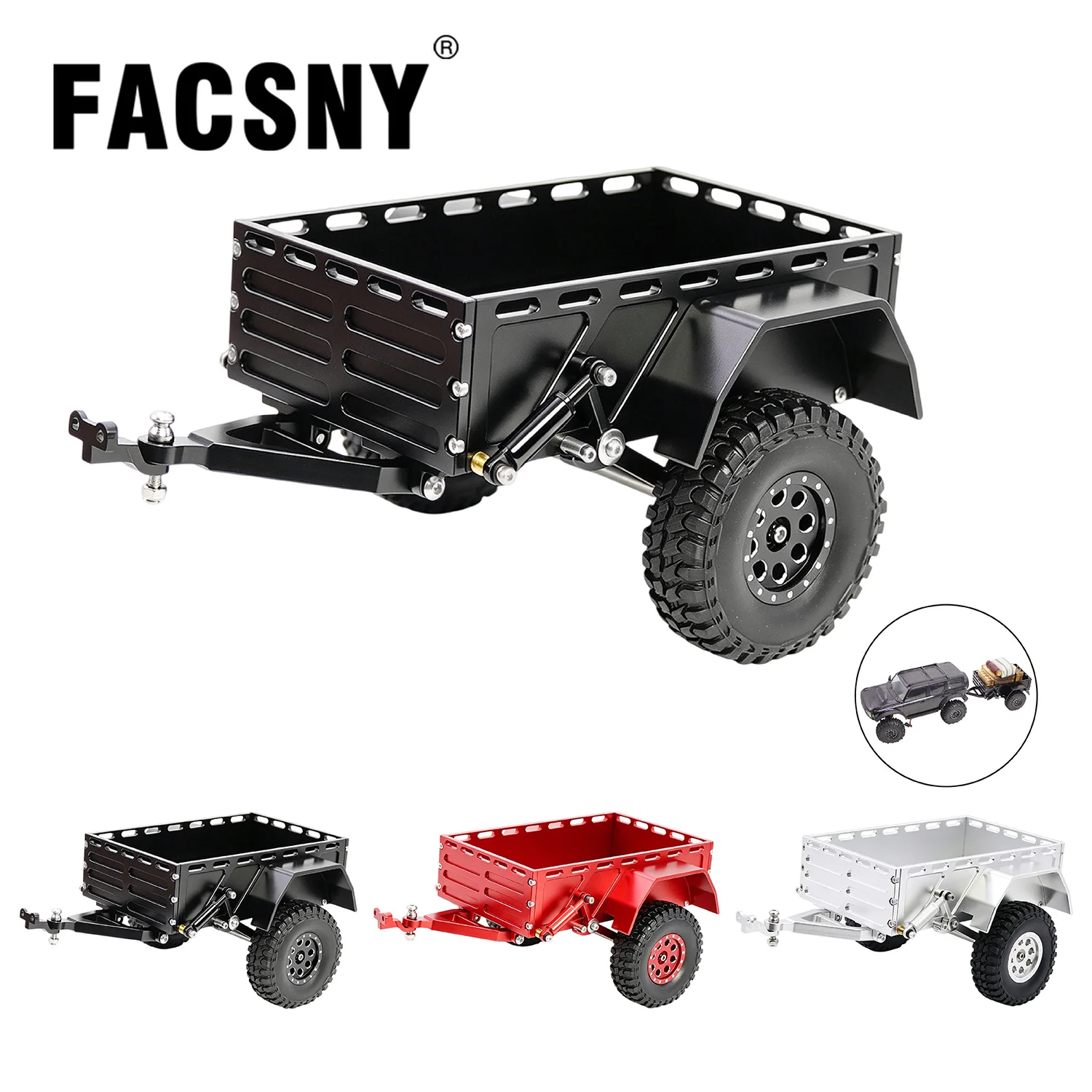 CNC Aluminum Utility Trailer with Ball Head Hitch Scale Trailer for 1/18 RC Crawler TRX4M SCX24 Bronco Defender K10 Redcat