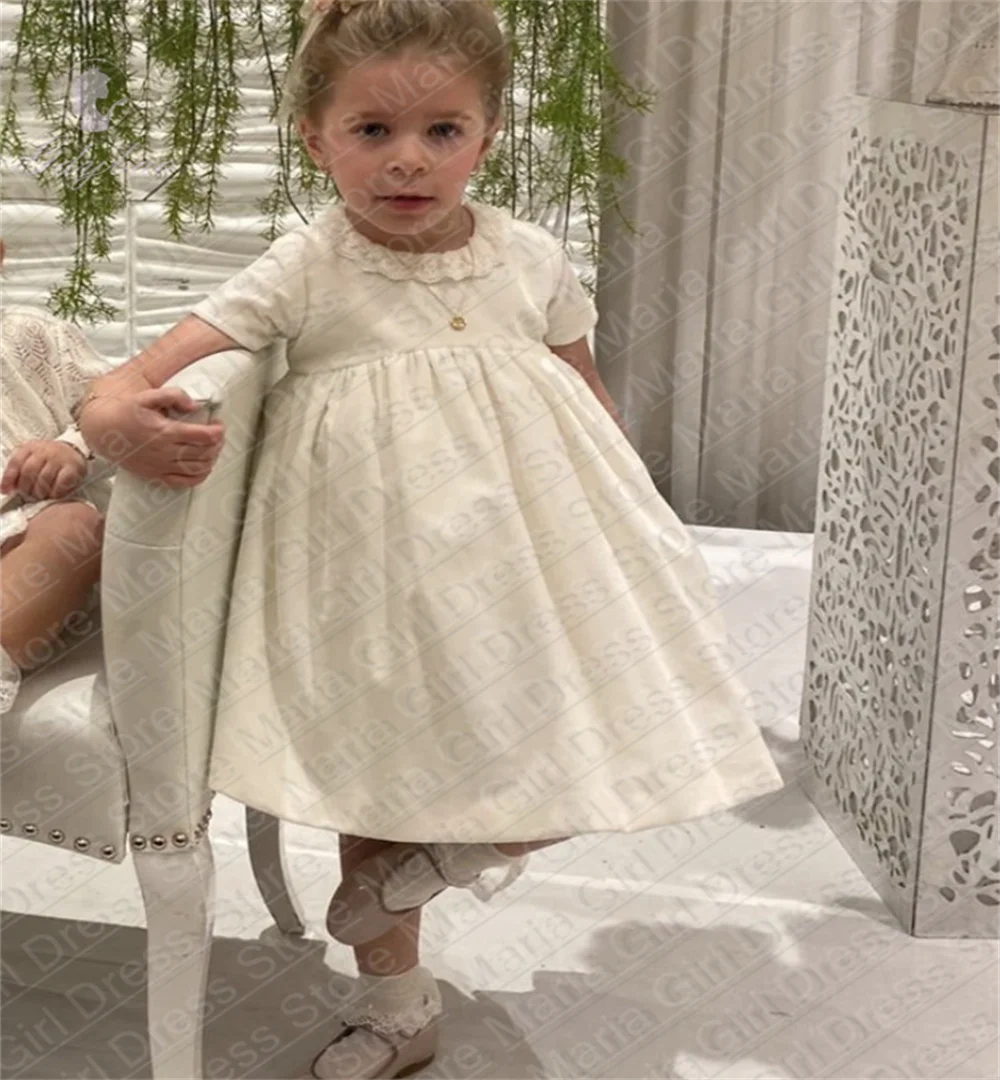 White Baby Birthday Dress Lace Neckline Cute Flower Girl Dress For Guest Bridesmaid Prom Official Events Evening Dress