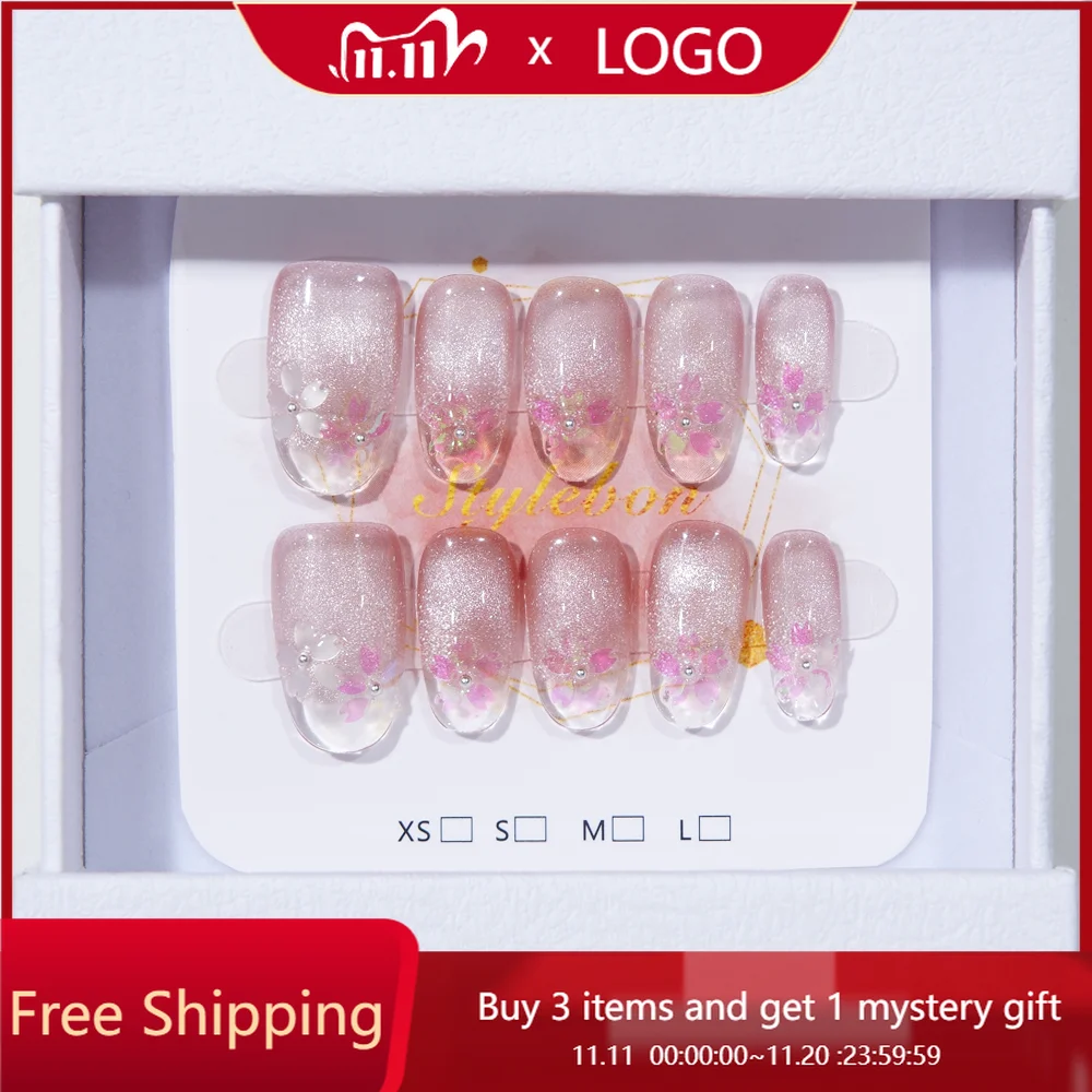 

10 шт., пресс для ногтей ручной работы, Аврора, вишневый цвет, кошачий глаз, полное покрытие, съемные носимые ногти для женщин и девочек