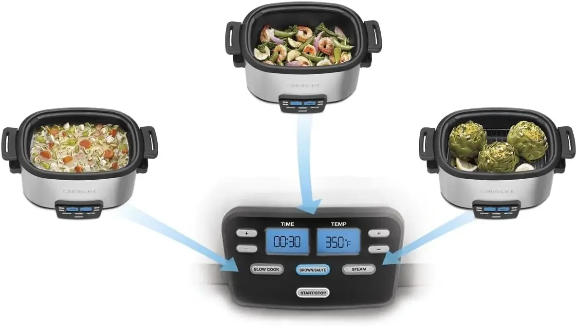 Nieuwe 3-In-1 Cook Centrale 6-Quart Multi-Cooker: Slowcooker, Bruin/Gebakken, Stoomboot, Zilveren Elektrische Stoofpot