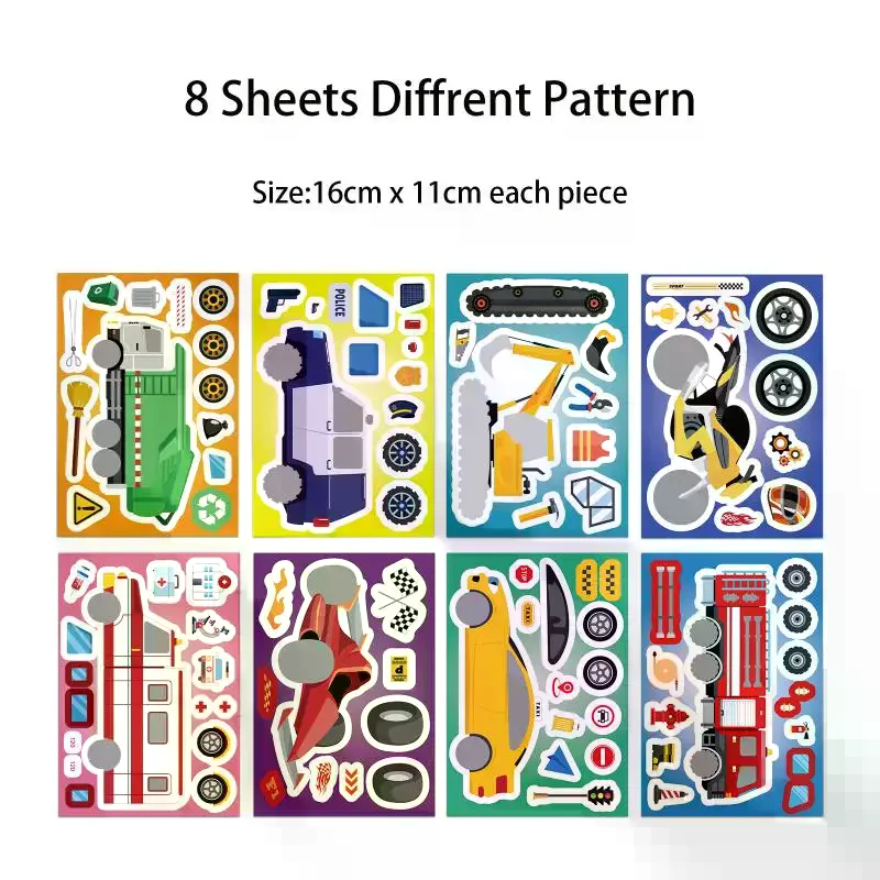 

8 Sheets Motorcycle Excavator Various Vehicle Combinations DIY Decal Fire Truck Ambulance Puzzle Stickers Gifts Decoration