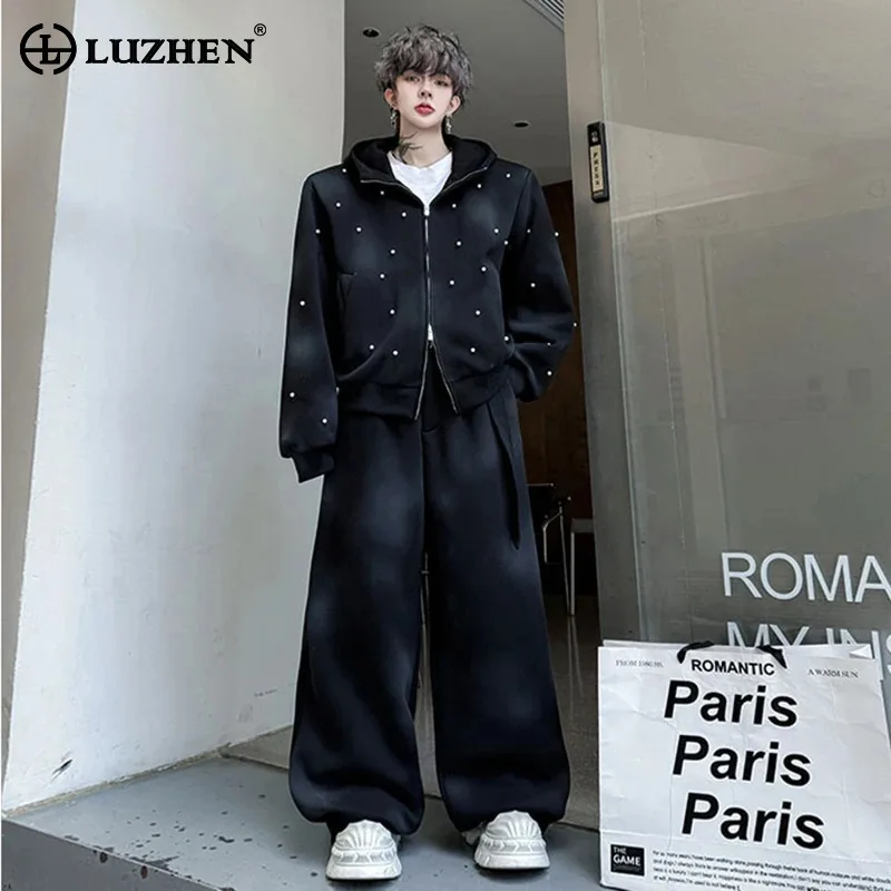 LUZHEN Wornout Tie-dyed Design Two-piece Sets Men's Streetwear 2025 New Original Loose Wide Leg Sweatpants Hoodies Coat JY4530