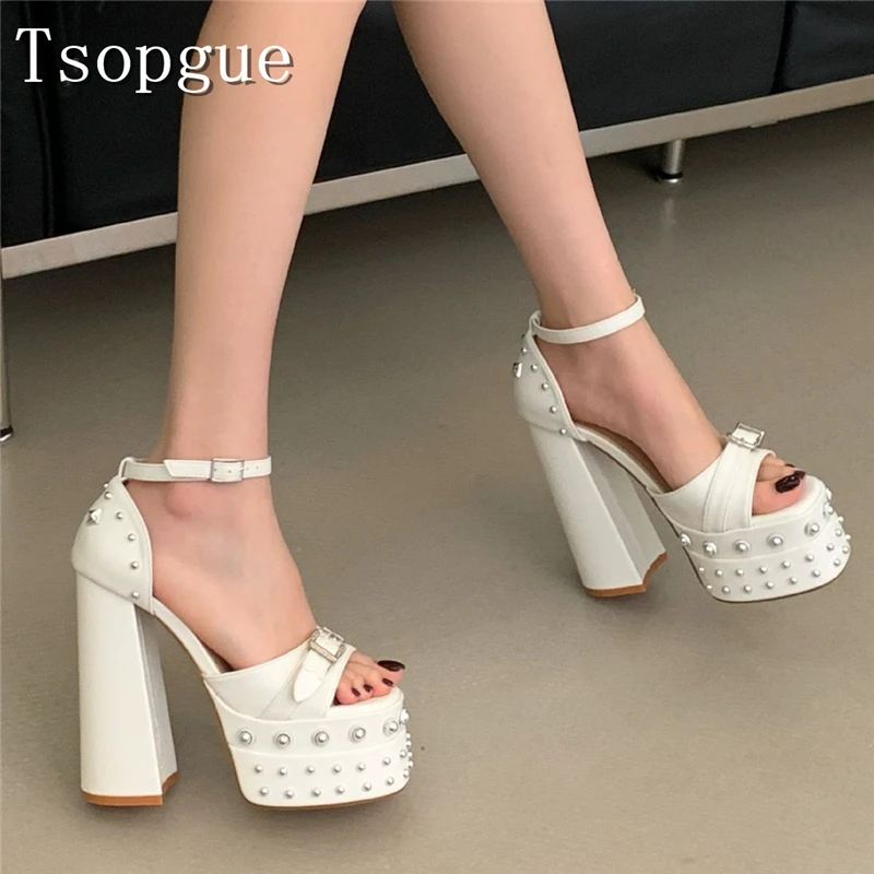 

Women Sliver Rivets Platform High Hees Chunky Block Heel Ankle Strap Buckle Sandals Punk Style Party Clubwear Shoes