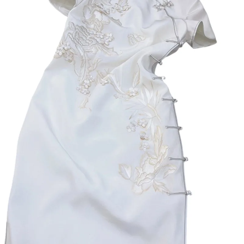 Retro Nieuwe Chinese Stijl Republiek China Cheongsam Witte Bodem Jurk Voor Vrouwen