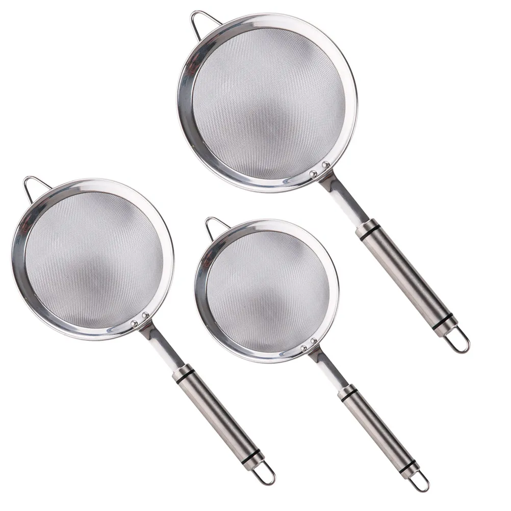 3Pcs Upgraded Stainless Steel Colander with Handle Fine Strainers for Baking Cooking Filtering Sifting Tea Oil Soybean Milk
