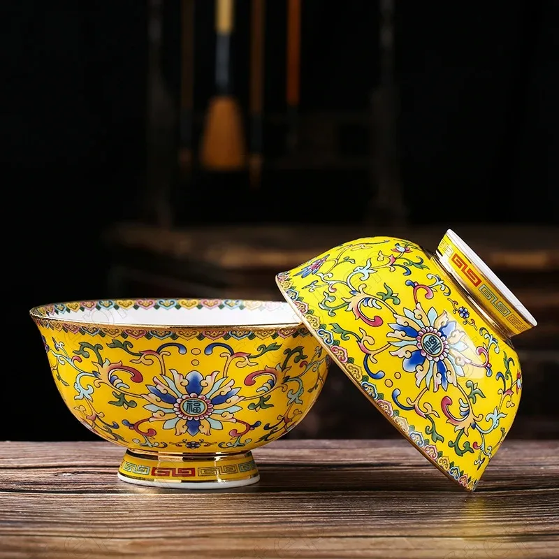 Chinese Vintage Palace Enamel Ceramic Bowl Classical Gold Stroke Tall Large Bone China Ramen Bowls Paint Tangle Flower Tableware