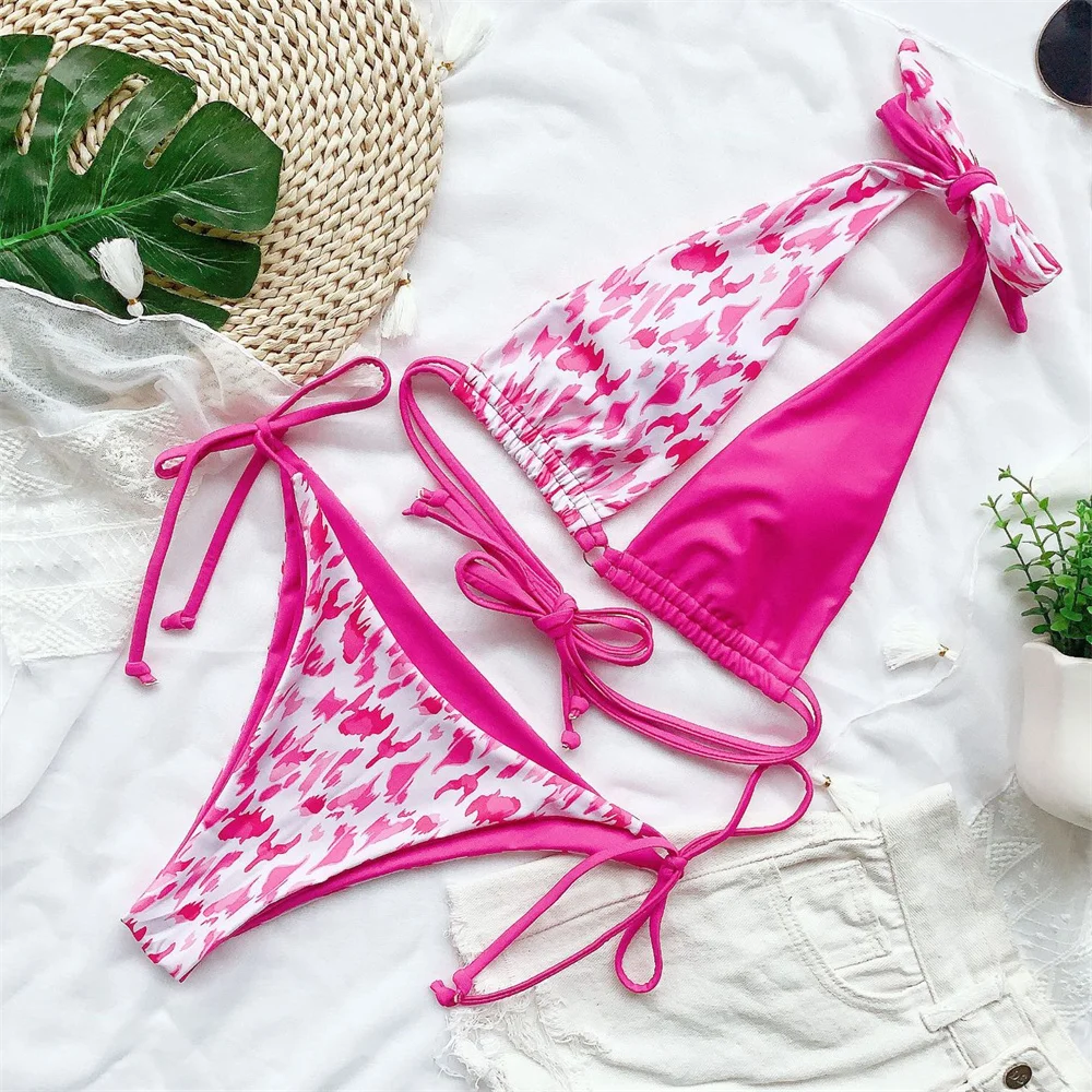 

Sexy Print Bikini Backless Bandage Halter Knotted Swimsuit Reversible Thongs Patchwork Swimwears Women Beach Outfit Bathing Suit