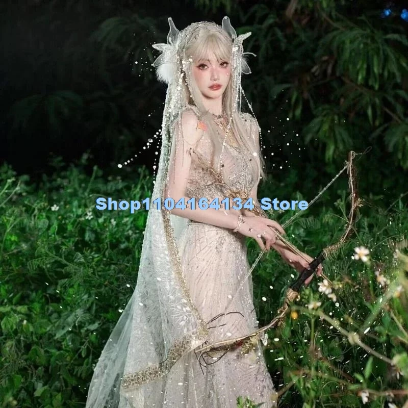 Halloween Cosplay Forest Elf Flower Play Costume for Women Clothes White Winged Dress Anime Stage Performence Show Garment