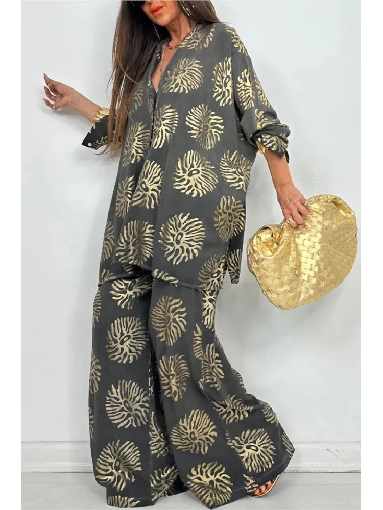 

Women Fashion Print Shirt Pants Sets Fall New Long Sleeve Oversized Top Wide-leg Pant Suit Female Loose Two Piece Set Outfits