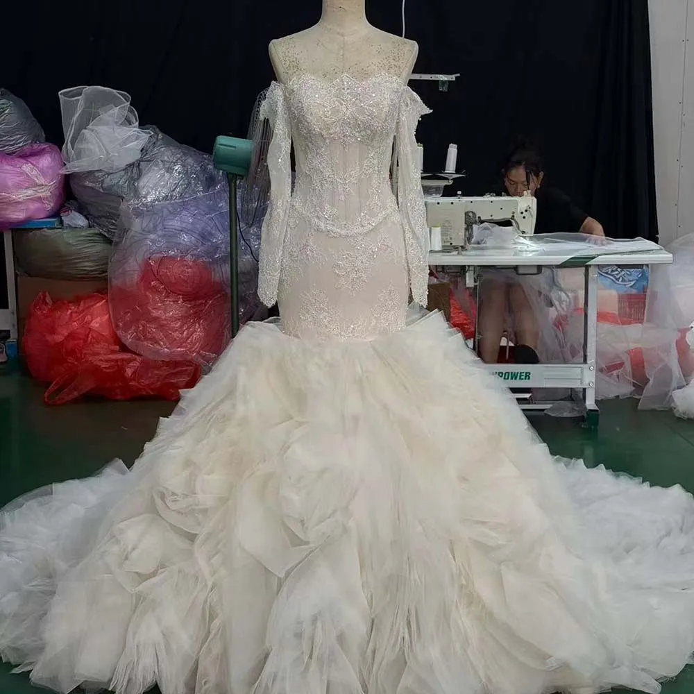 Allure Wedding Dress Ivory Lace Mermaid Customized Long Sleeves Tulle Ruffled Appliques Beading vestidos de novia boda