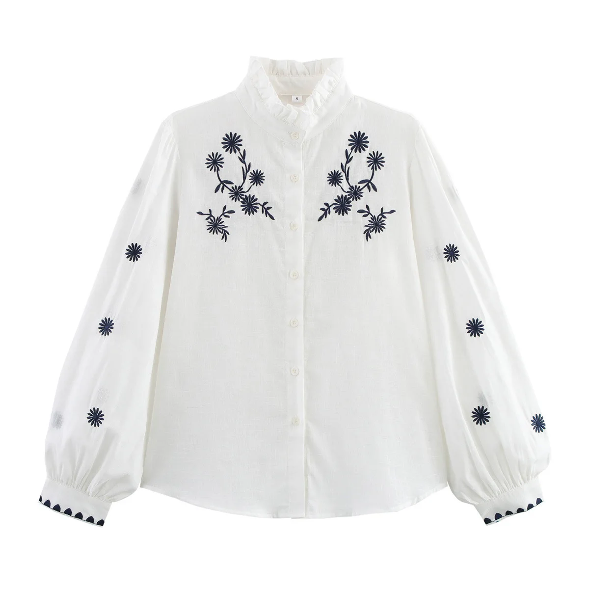 2025 夏春トップスファッションホリデーパーティー Blusas 女性エレガントな刺繍 O ネックチュニックヴィンテージロングランタンスリーブブラウス