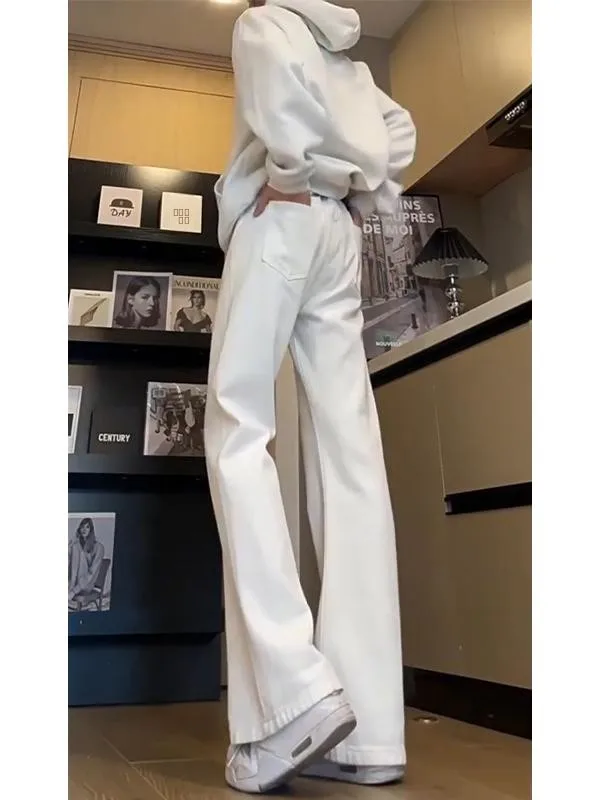 

White Bell Bot Jeans Men's Long Straight Leg High Waist Denim Pants Autumn Winter Faion High Street Vibe Trousers