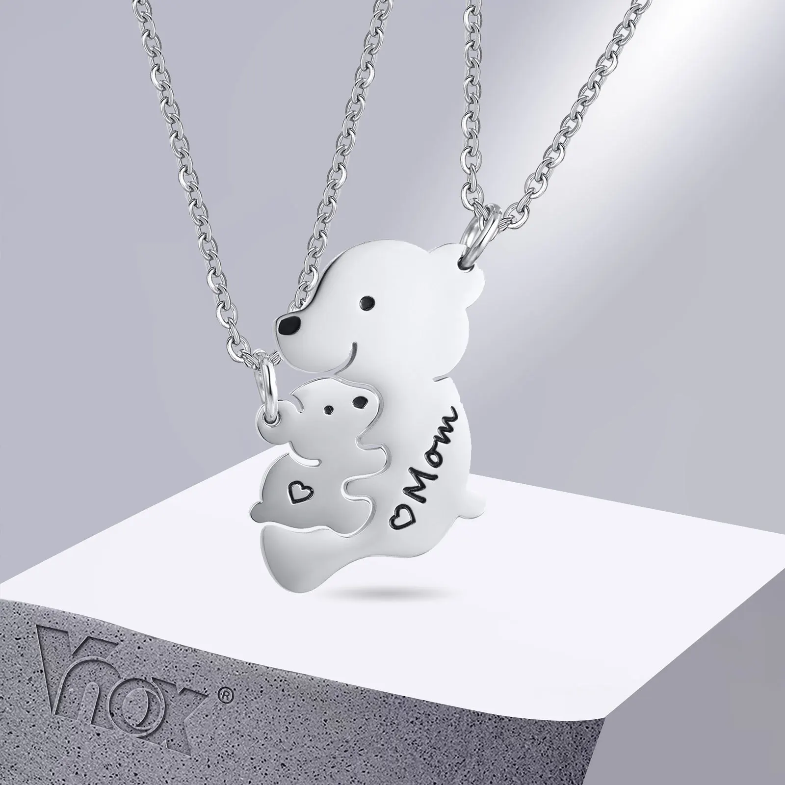 Vnox Bear Necklaces for Women, Stainless Steel Mom Daughter Son Bear Pendants Set, Mother\'s Day Birthday Gift Jewelry