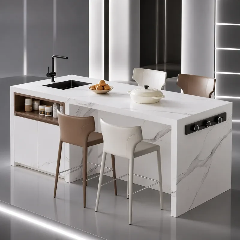 Open Kitchen Luxury Rock Slab Middle Island Table Integrated Dining Table with Sink Western Style Cooking Table Bar Counter