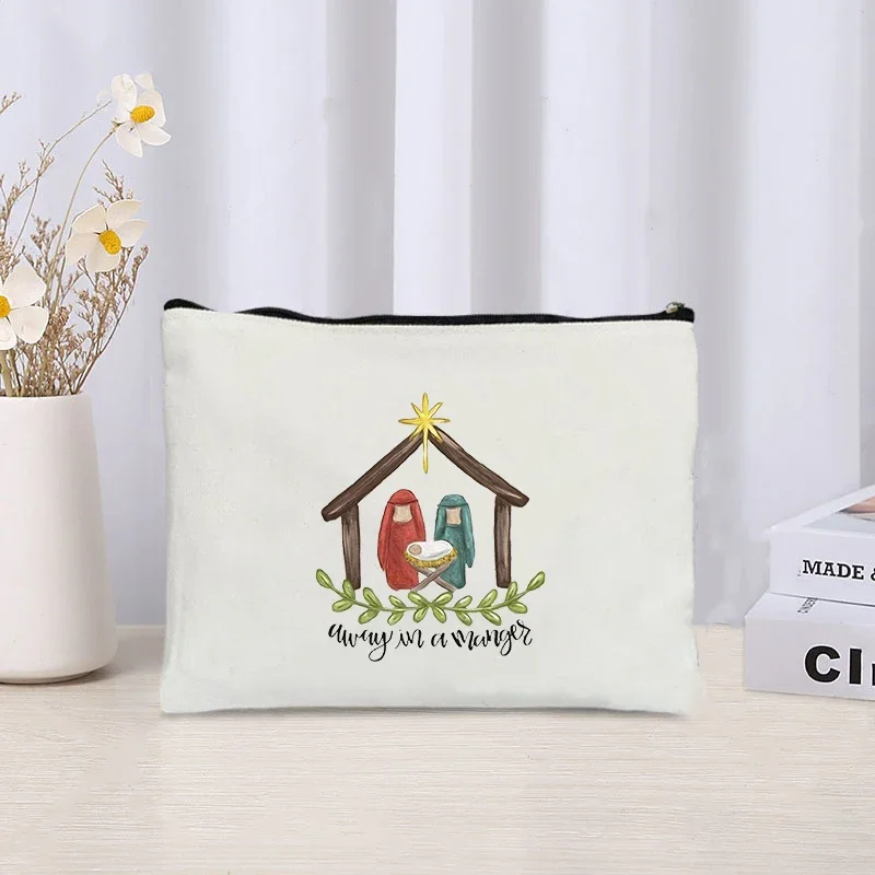 Nativity Printed Canvas Storage Bag Organizer Travel Perfume Lipstick Cosmetic Bags Zipper Pencil Case Wallet Christianity Gift