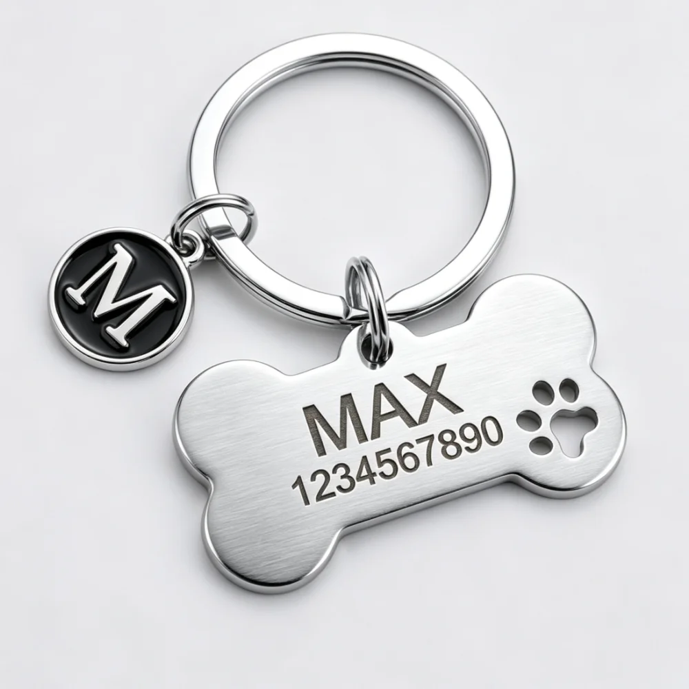 Custom bone stainless steel pet ID tag with engraved name & number initial charm accessory, anti-lost dog cat identification tag
