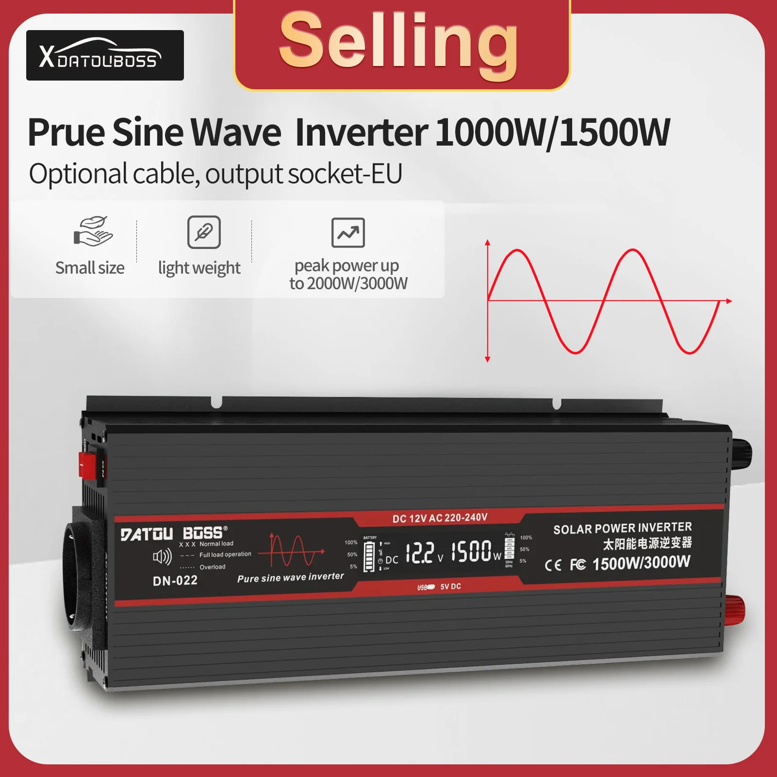 DATOU Inverter 12v to 230v Pure Sine Wave Converter 220v to 12v 1500W 3000W Peak Power LCD Sreen USB Interface Use for Cars