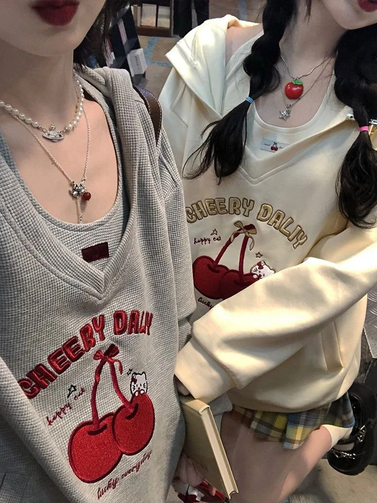 Oversized Sweatshirt Women Autumn Long Sleeve Halter Pullover Two Piece Set Female Kawaii Cherry Letter Embroidery Loose Hoodies