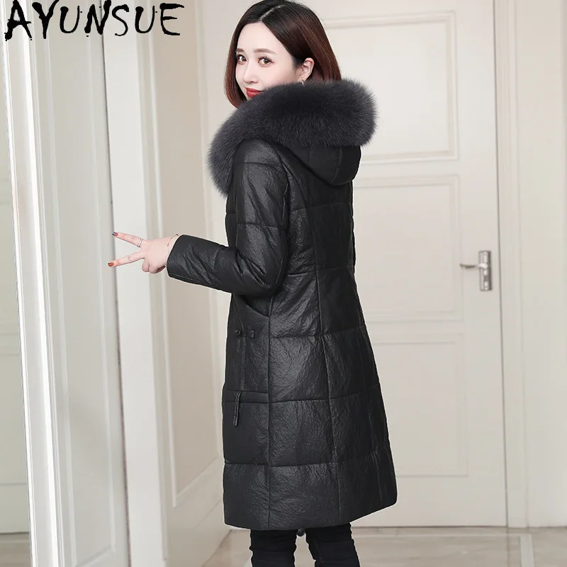 AYUNSUE 탑 레이어 양피 정품 가죽 자켓 여성 여우 모피 칼라 여성 겨울 의류 겉옷 Casaco Feminino의 새로운 기능