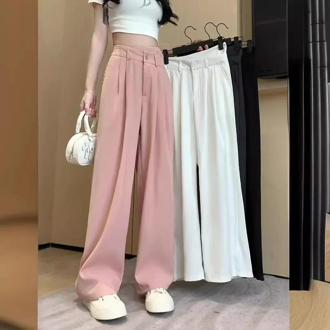 Pop Summer Women's Wide Leg Pants Casual Suit Style Drapey High Waist Slimming Design Straight Cut Trousers Comfortable Fit