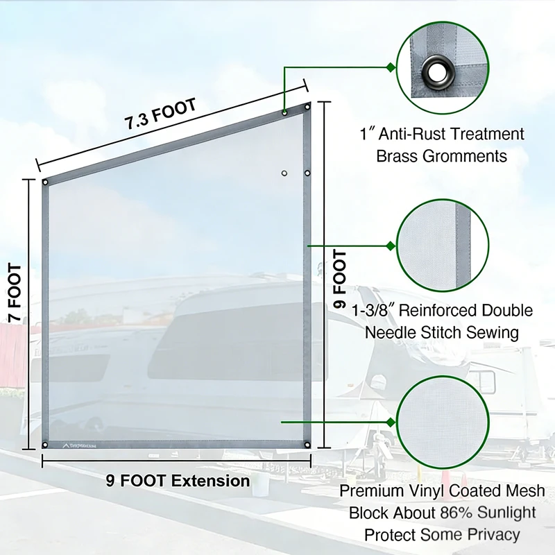 9x7Ft RV Caravans Awning Side Shade Mesh Screen Sunshade Privacy Protect Kit Car Exterior Wind Mosquitoes Prevent RV Accessories