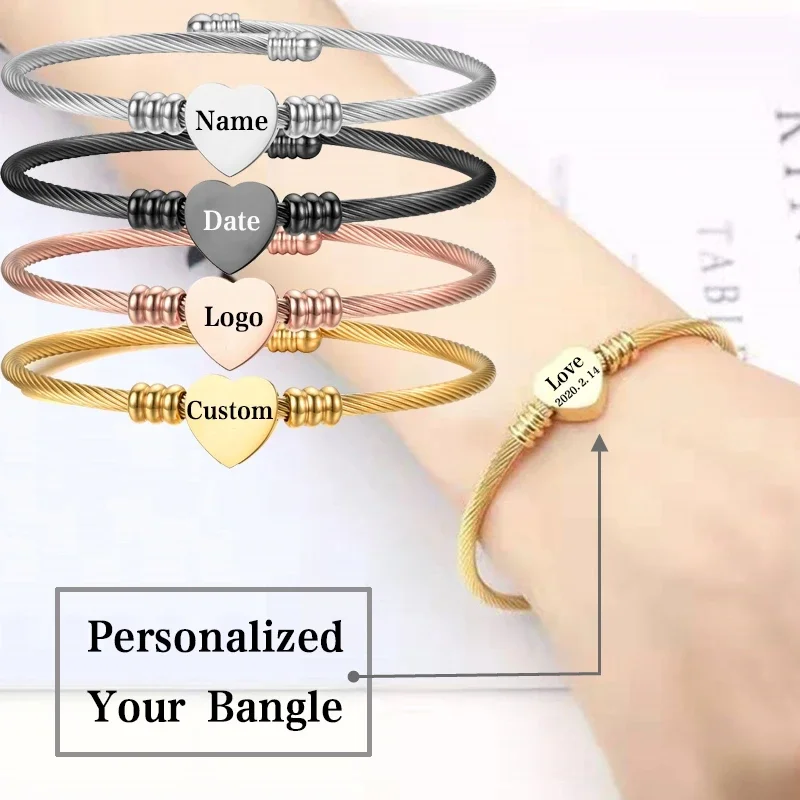 New Fashion Customized Name Bracelet Stainless Steel Personalized Heart Bangle For Women Couple Jewelry Gift