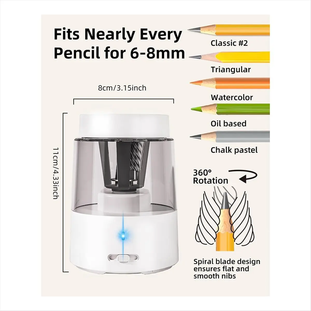 Latest ABBQ-Electric Pencil Sharpener, Automatic Pencil Sharpeners Kids, Battery Rechargeable Pencil Sharpeners for Pencils Whit